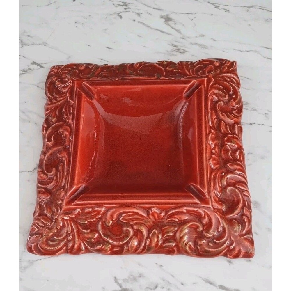 Vintage Boho Ashtray in Red 8” Square Bohemian Mid Century Hand Painted USA